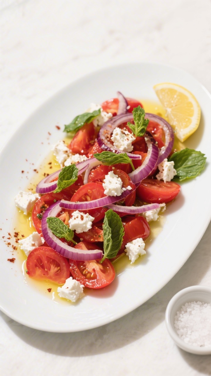 Final plated dish, top view: Finished Tomato and Red Onion Salad with Feta arranged on a wide, low w