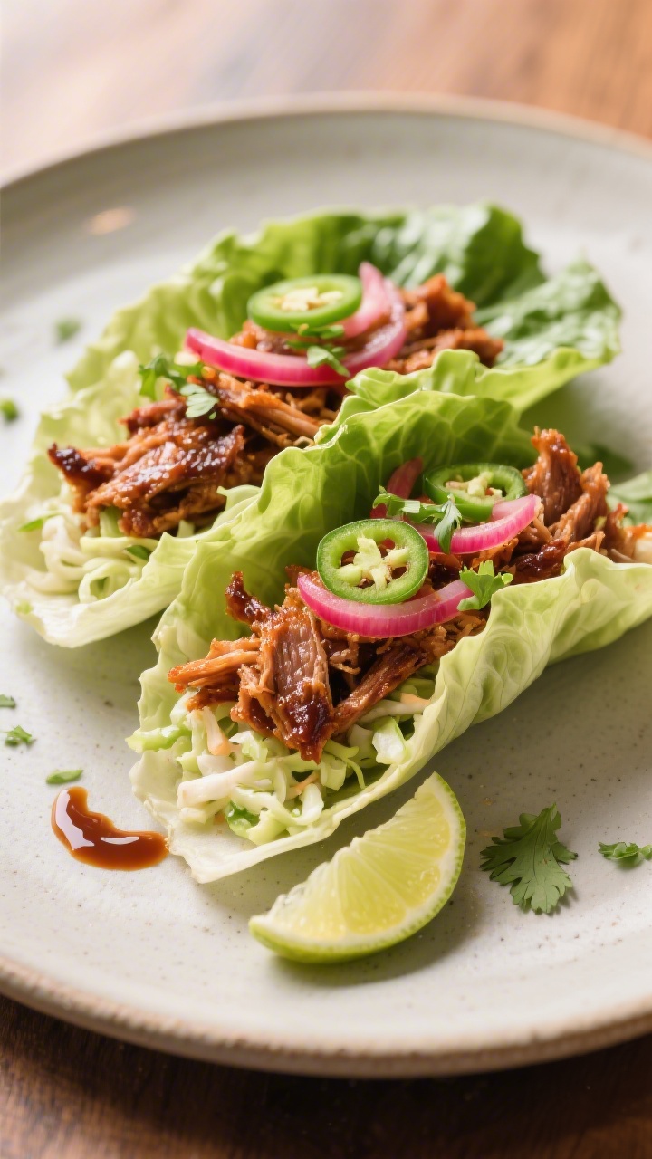 Final plated dish: Two assembled BBQ pulled pork lettuce wraps on a matte ceramic plate—sturdy rom