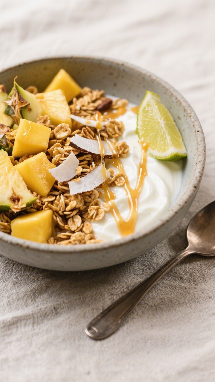 Final plated hero: Beautifully plated Greek yogurt granola bowl with a tropical variation—thick yo