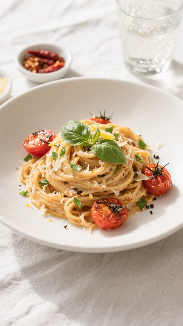 Final plated hero: Creamy Coconut Tomato Pasta elegantly twirled into a nest on a wide, matte white