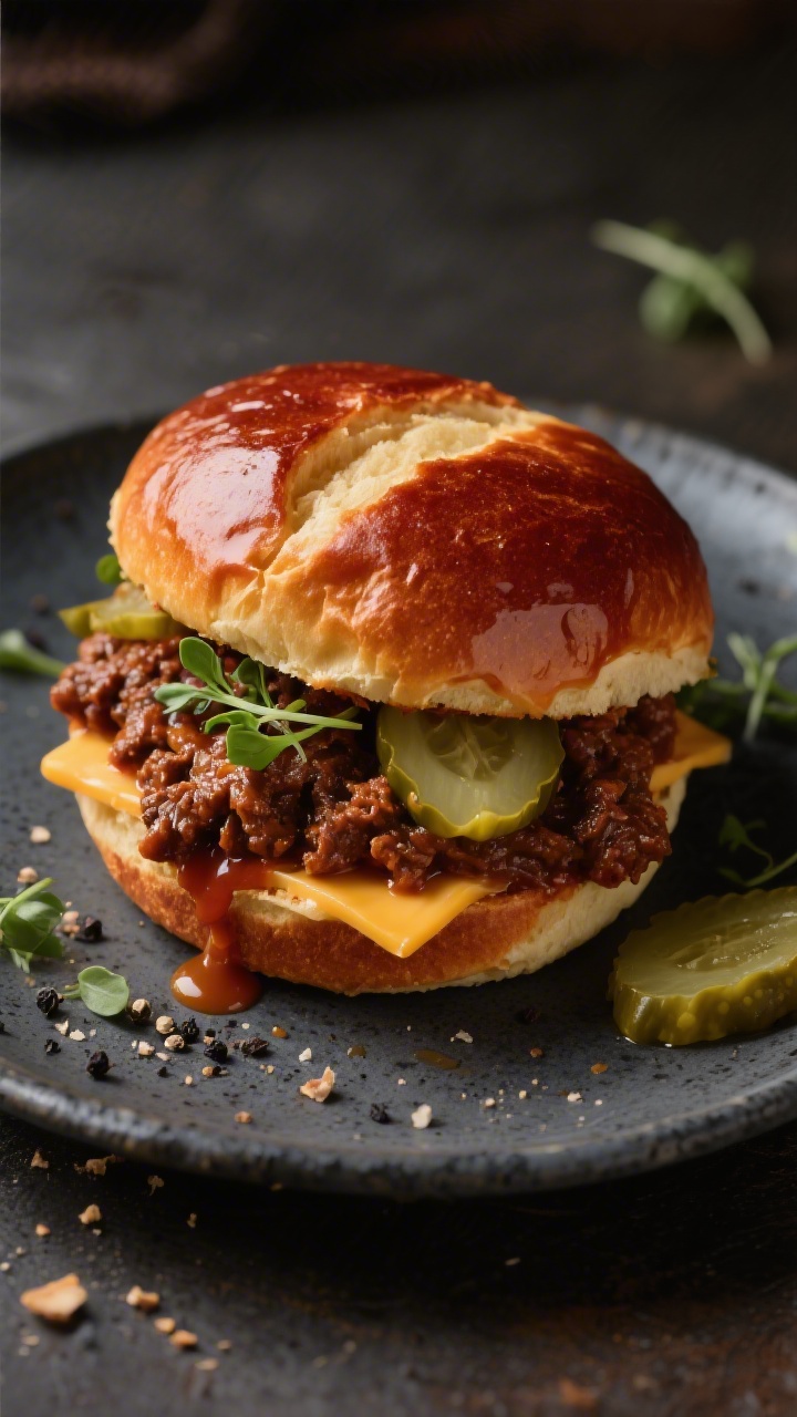 Final plated hero: Restaurant-quality Vegan Sloppy Joe sandwich on a toasted brioche-style vegan bun