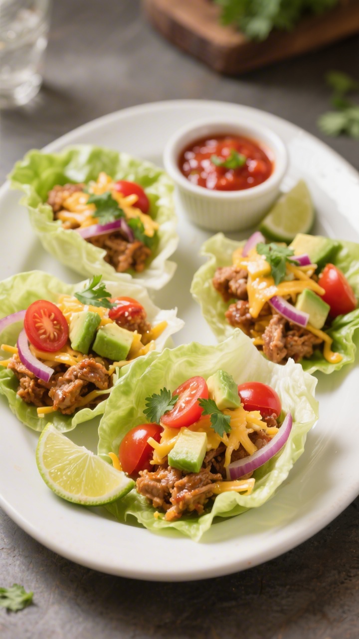 Final plated hero shot: Quick Turkey Taco Lettuce Wraps arranged on a matte white oval platter—but