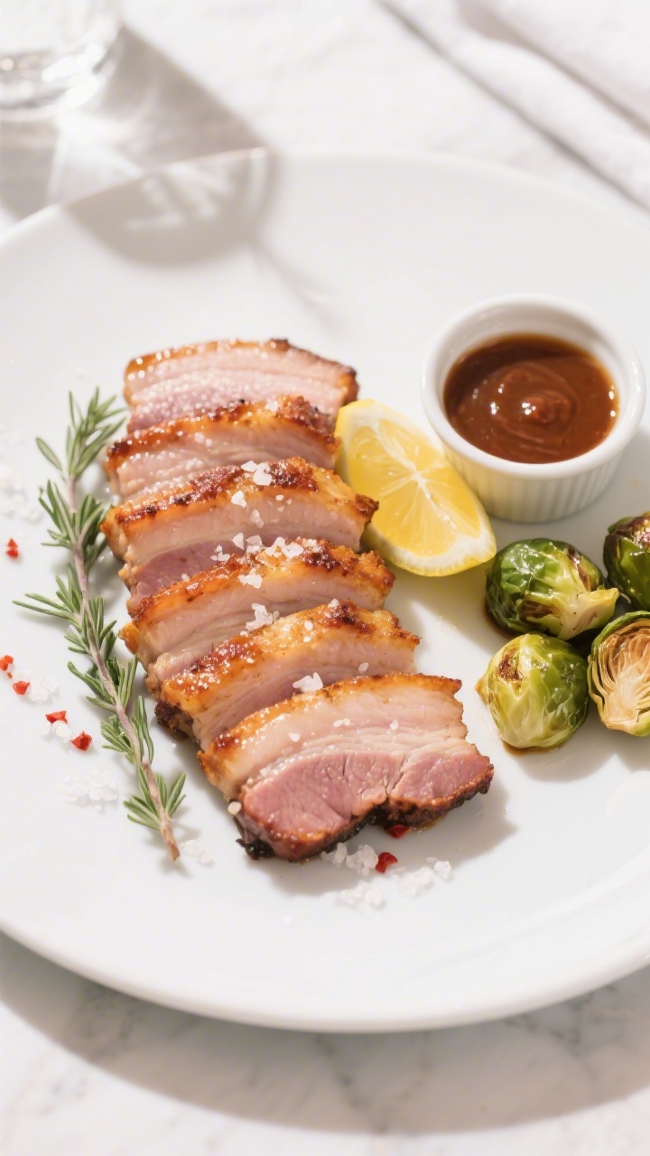 Final plated overhead: Sliced keto butter-roasted pork belly arranged in neat 1/2-inch slices on a m