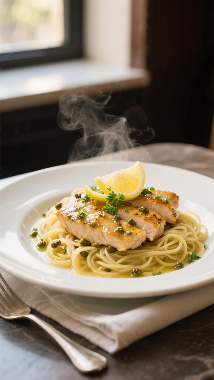Final plated presentation: beautifully arranged chicken piccata cutlets on a wide white ceramic plat