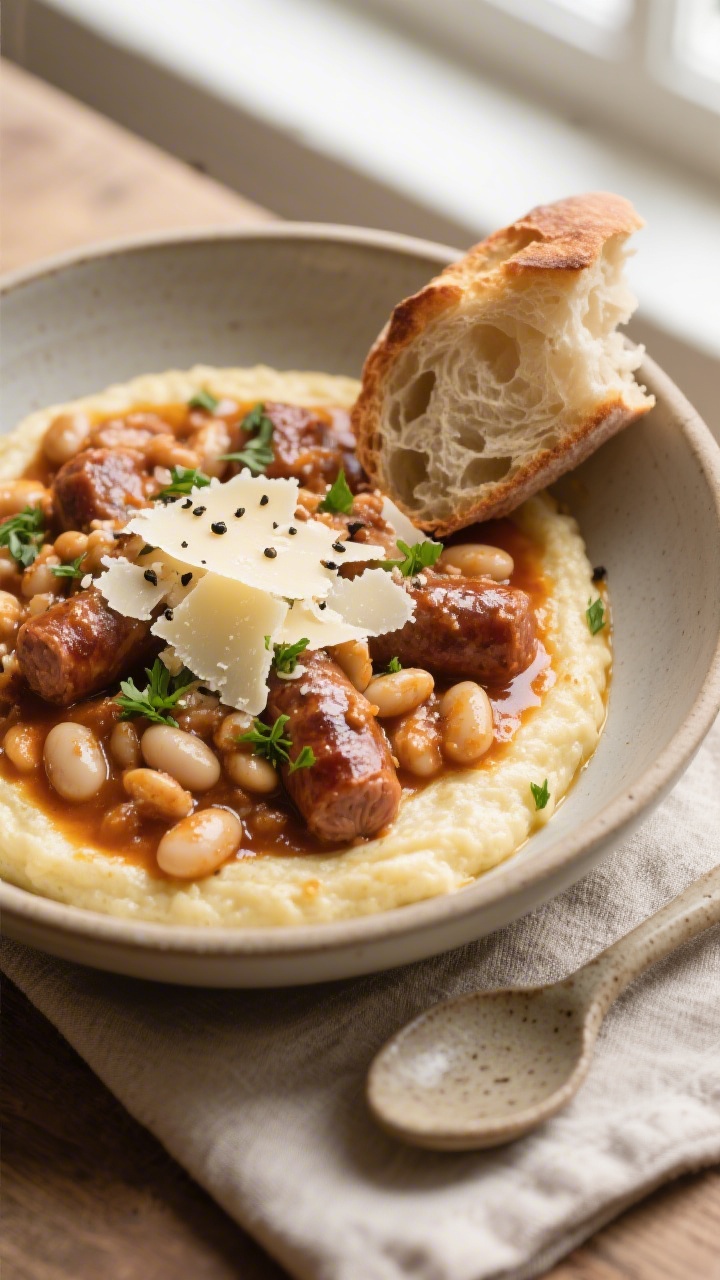 Final plated presentation: Bowl of the finished Italian Sausage and White Bean Skillet served over s