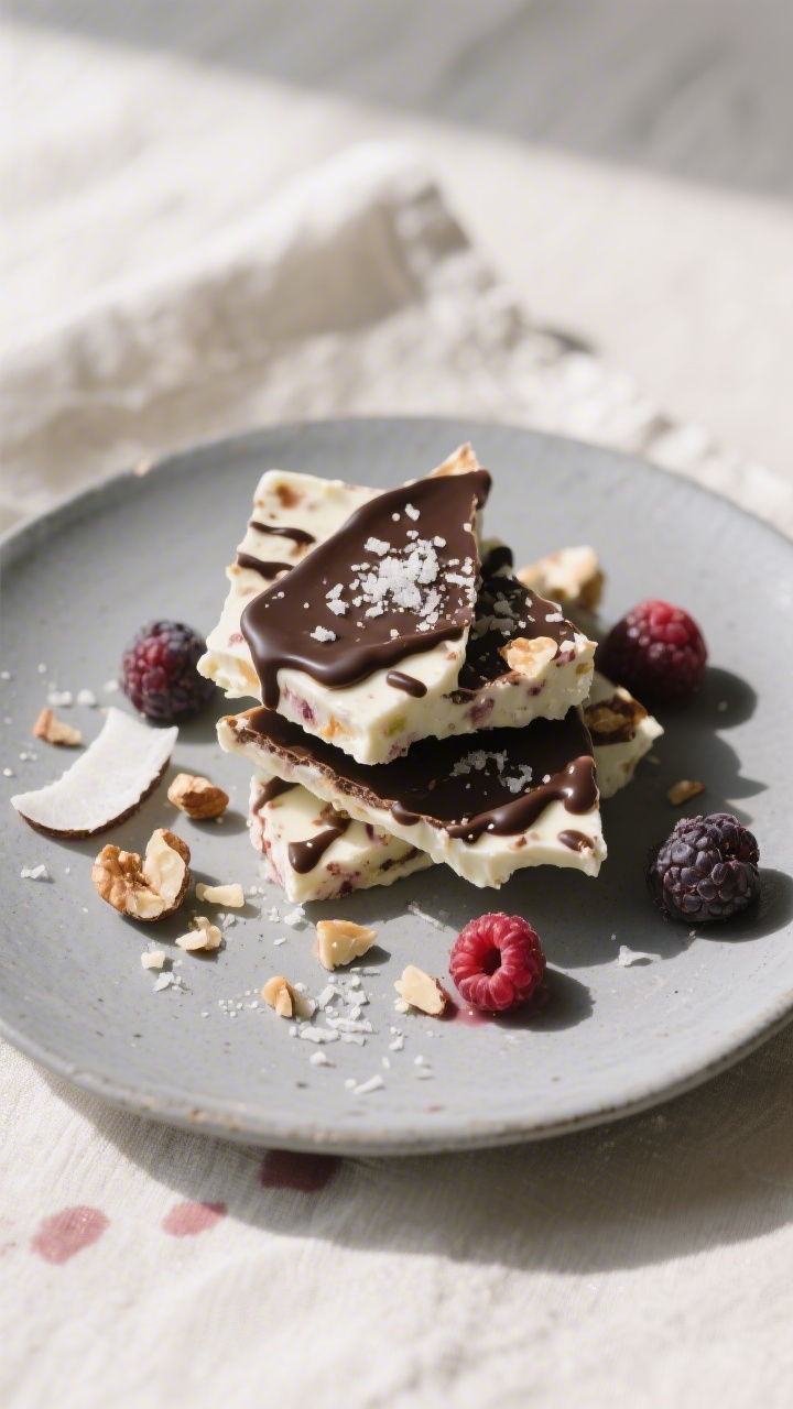 Final plated presentation: irregular shards of frozen yogurt berry bark stacked casually on a cool g