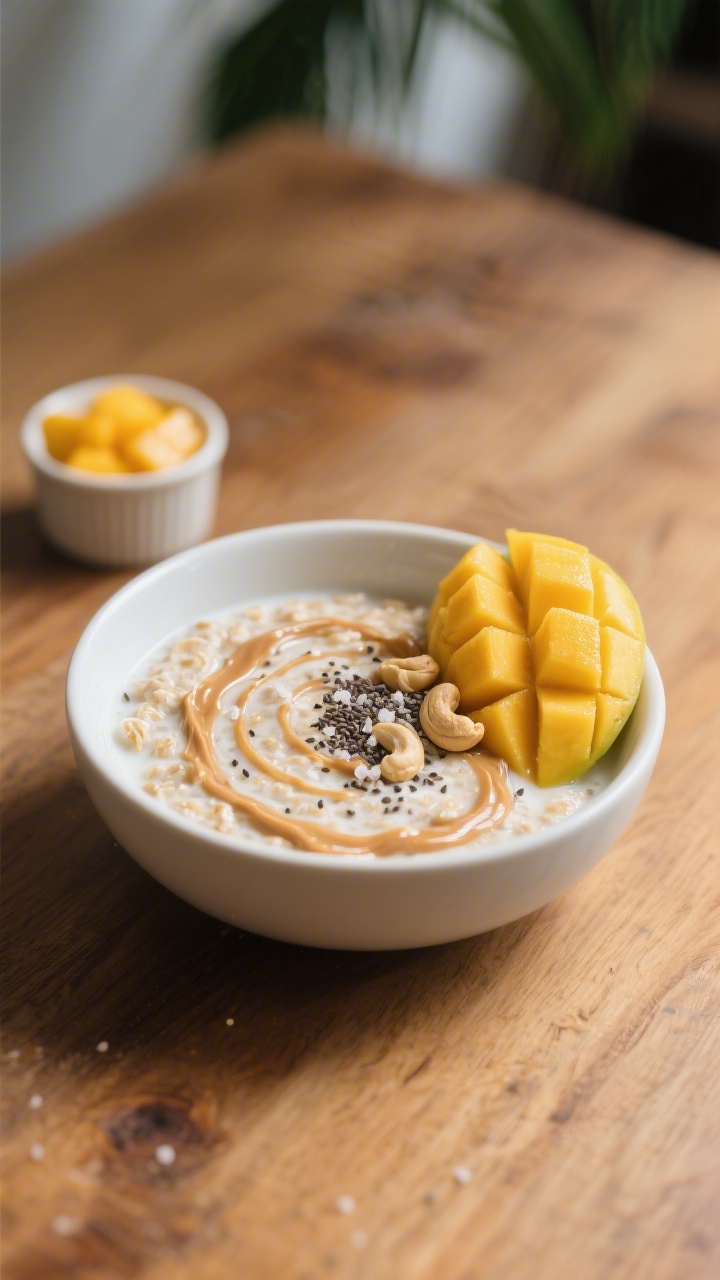 Final plated presentation – Restaurant-quality bowl of Mango Overnight Oats styled for serving: si
