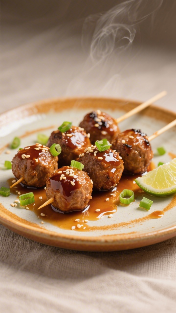 Final plated presentation: Restaurant-quality plate of honey garlic glazed meatball skewers just fin