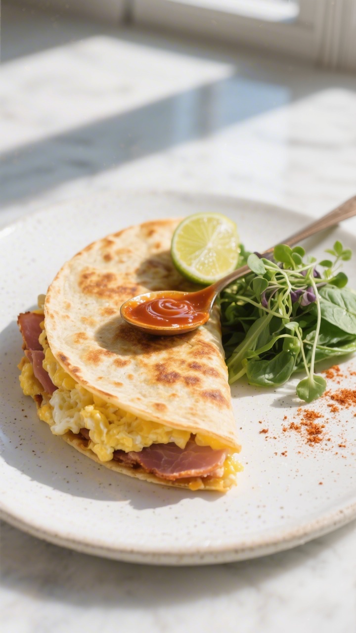 Final plated, restaurant-quality presentation: Beautifully plated golden-crisp breakfast quesadilla