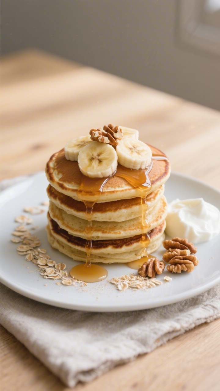 Final plated stack — Beautifully plated Banana Walnut Protein Pancakes: tall stack on a matte whit