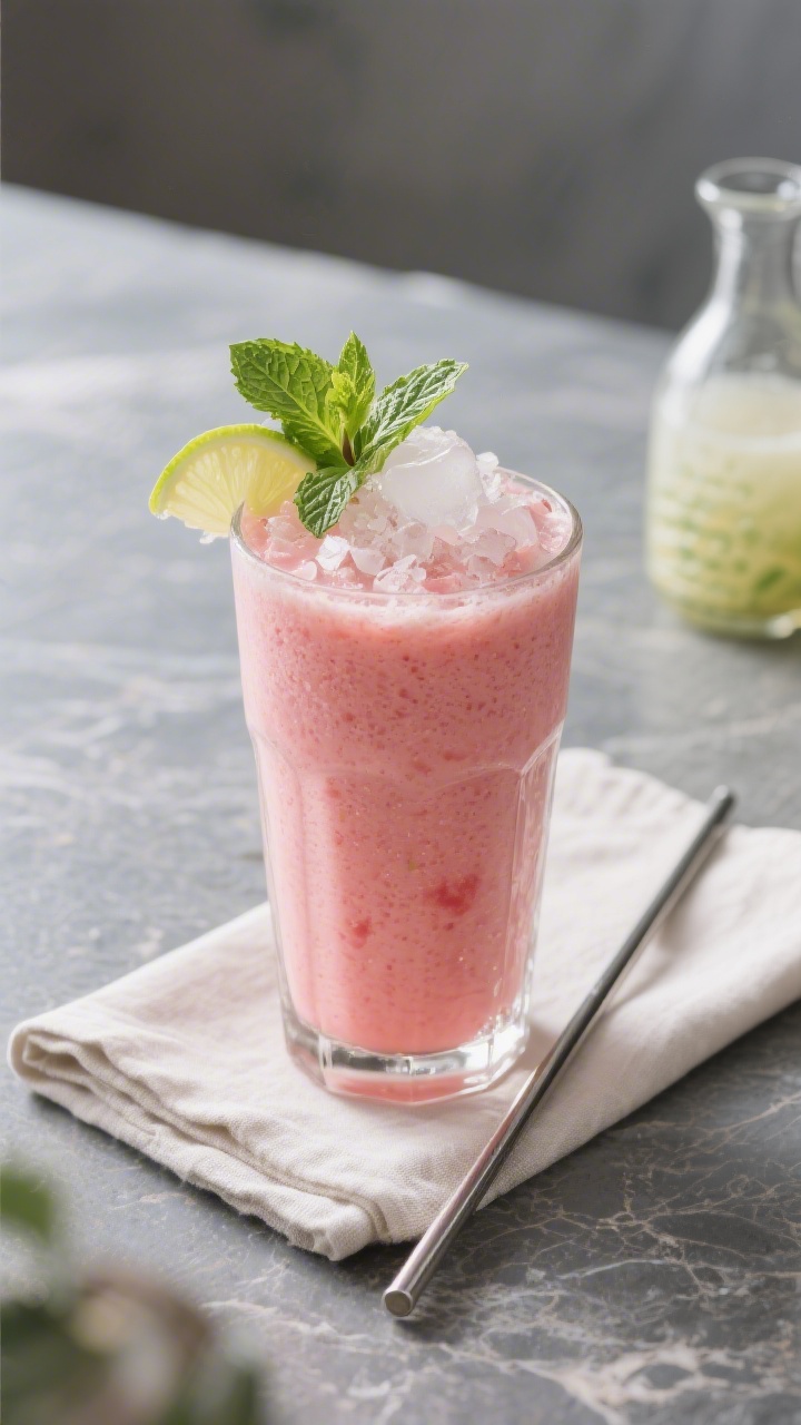 Final presentation: Beautifully plated cafe-style scene featuring a single tall smoothie glass fille