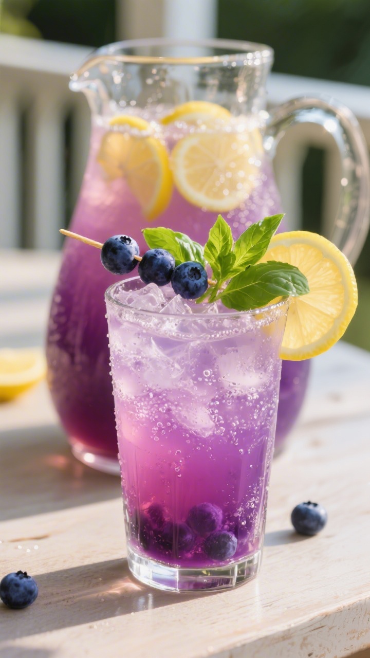 Final presentation: Beautifully styled porch-ready scene of the finished blueberry basil lemonade in
