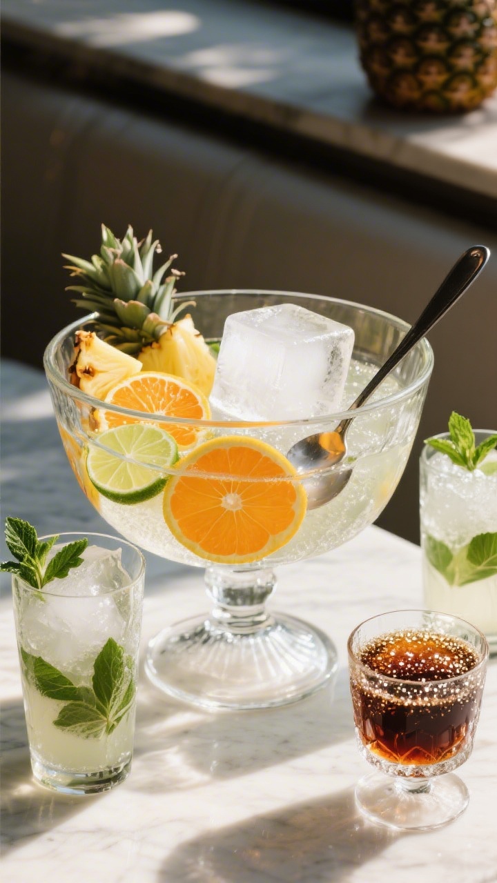 Final presentation: Beautifully styled punch bowl scene—clear punch bowl brimming with the chilled