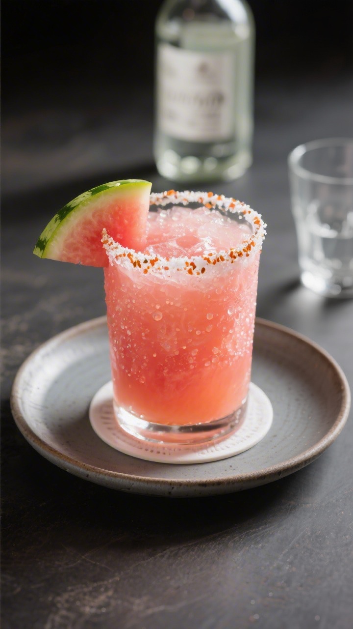 Final presentation: Beauty shot of a single restaurant-quality watermelon margarita on a matte ceram