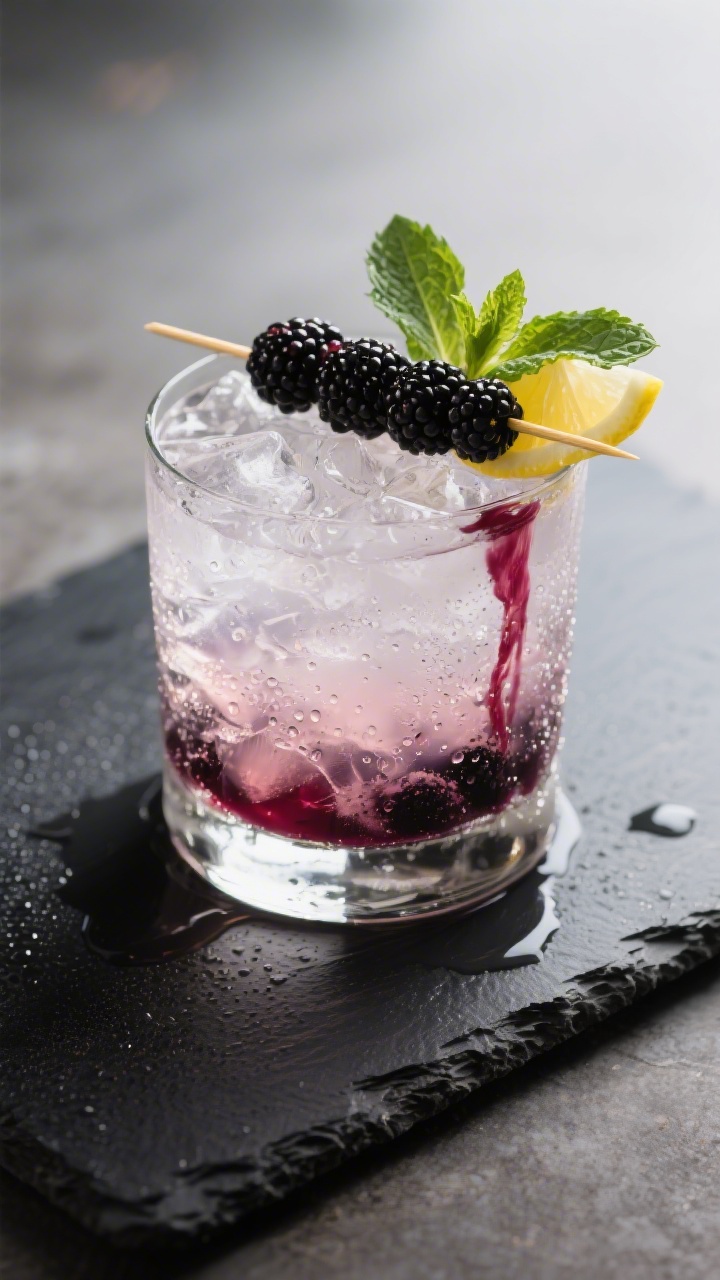 Final presentation: Beauty shot of the cocktail on a dark slate board for contrast, showing glisteni