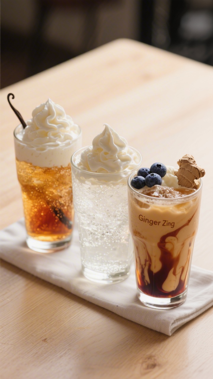 Final presentation beauty shot: Restaurant-quality Blueberry Vanilla Float trio on a light wood tabl