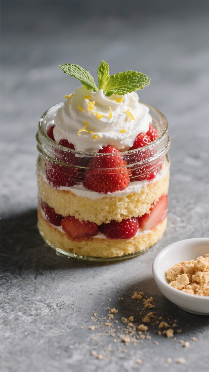 Final presentation hero: Restaurant-quality close three-quarter shot of the finished Strawberry Shor