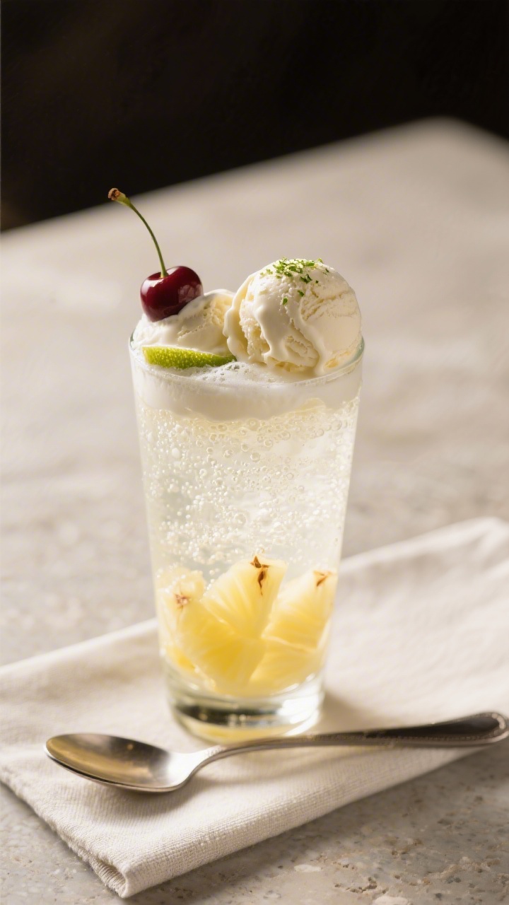 Final presentation hero: Restaurant-quality portrait of a single Pineapple Cream Float styled for se