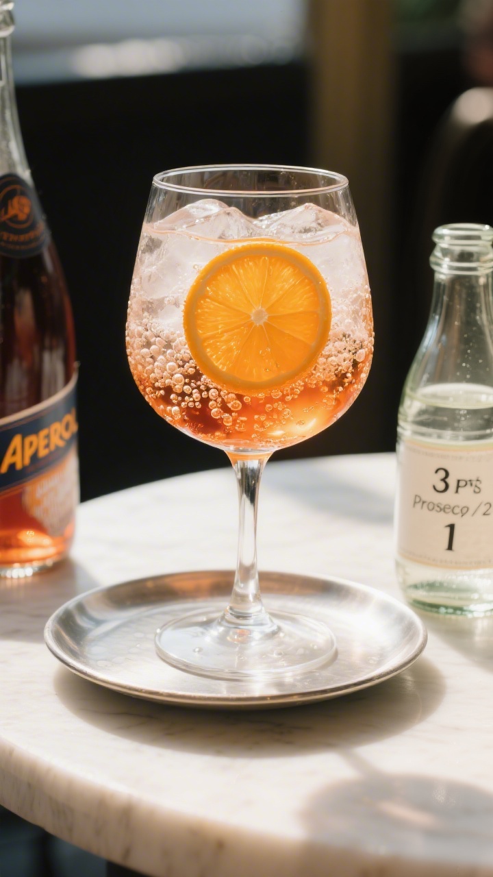 Final presentation hero shot: A single, impeccably clear Aperol Spritz on a small round tray, stemme