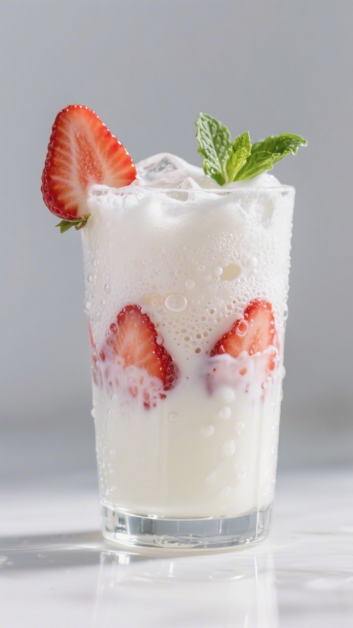 Final presentation: Hero shot at a slight 45-degree angle of a finished Strawberry Milk Cream Soda w