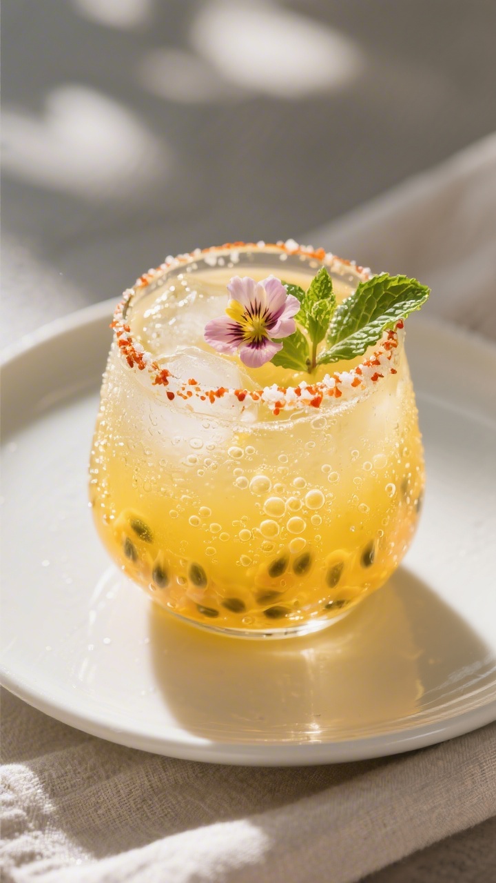 Final presentation hero shot at a slight 45-degree angle of the fully mixed, icy-cold Passion Fruit