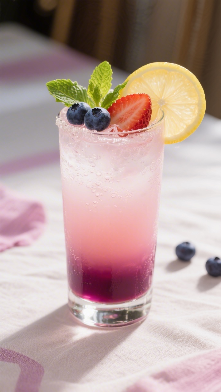 Final presentation hero shot: beautifully plated Berry Blast Cream Soda served in a highball glass,