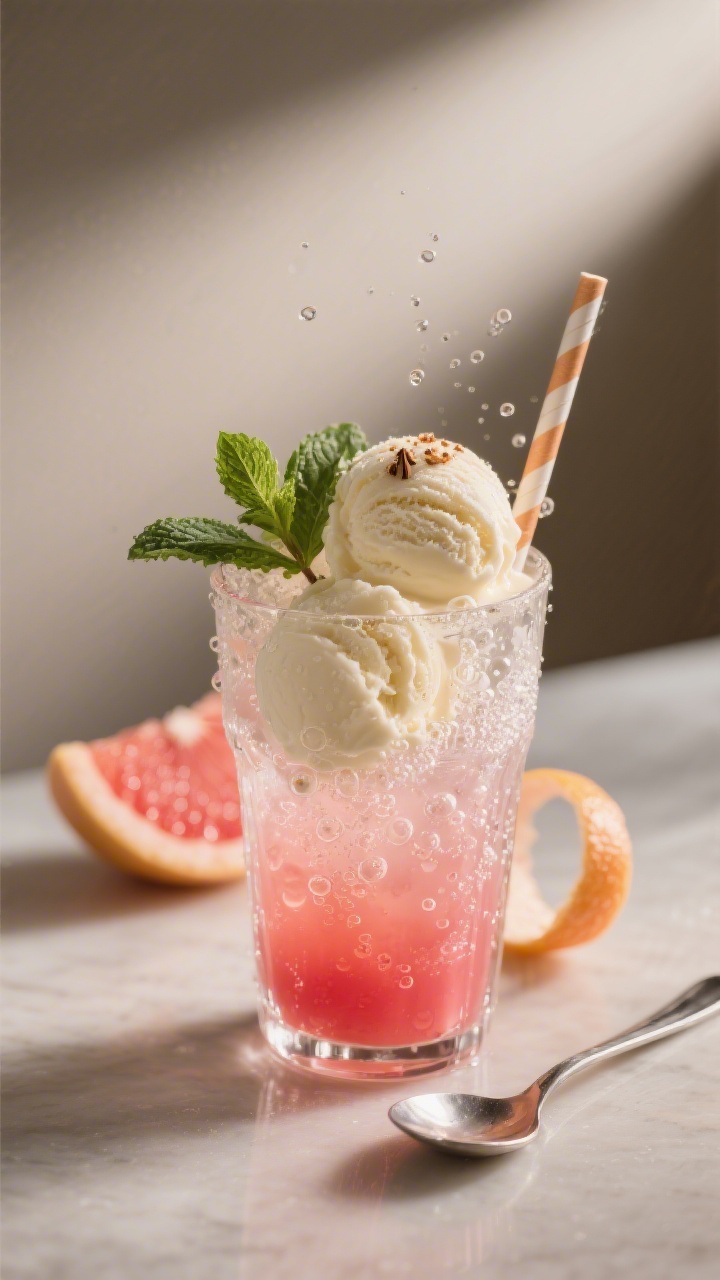 Final presentation: Restaurant-quality hero shot at a 45-degree angle of the assembled float with sp