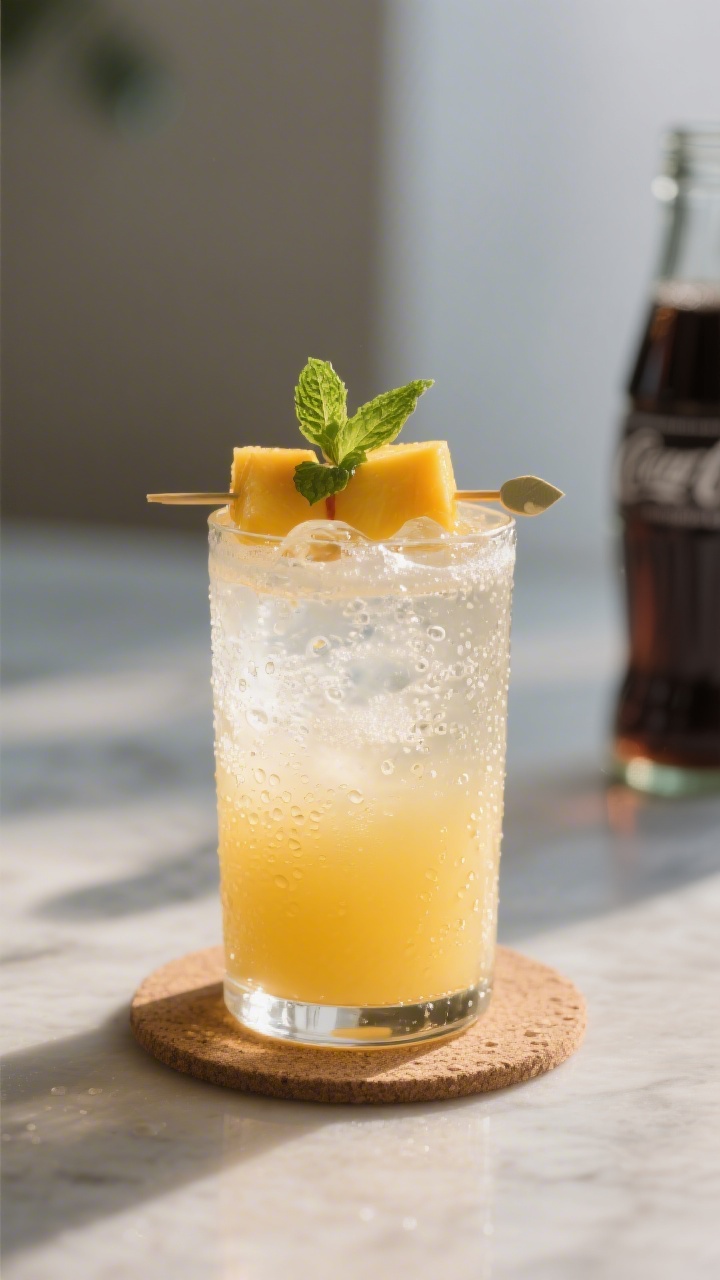 Final presentation: Restaurant-quality hero shot of a single Mango Vodka Fizz on a small coaster, co