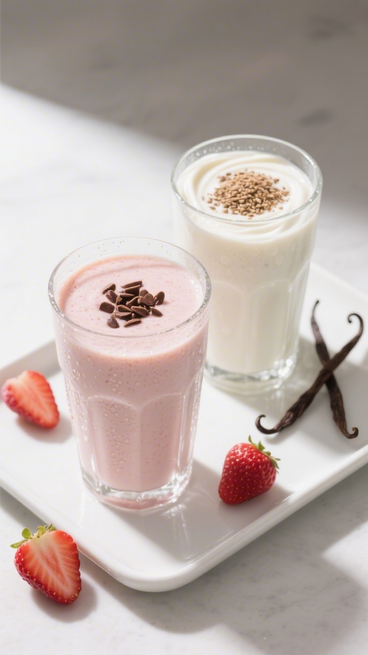 Final presentation: Restaurant-quality plated beverage scene featuring two strawberry banana smoothi