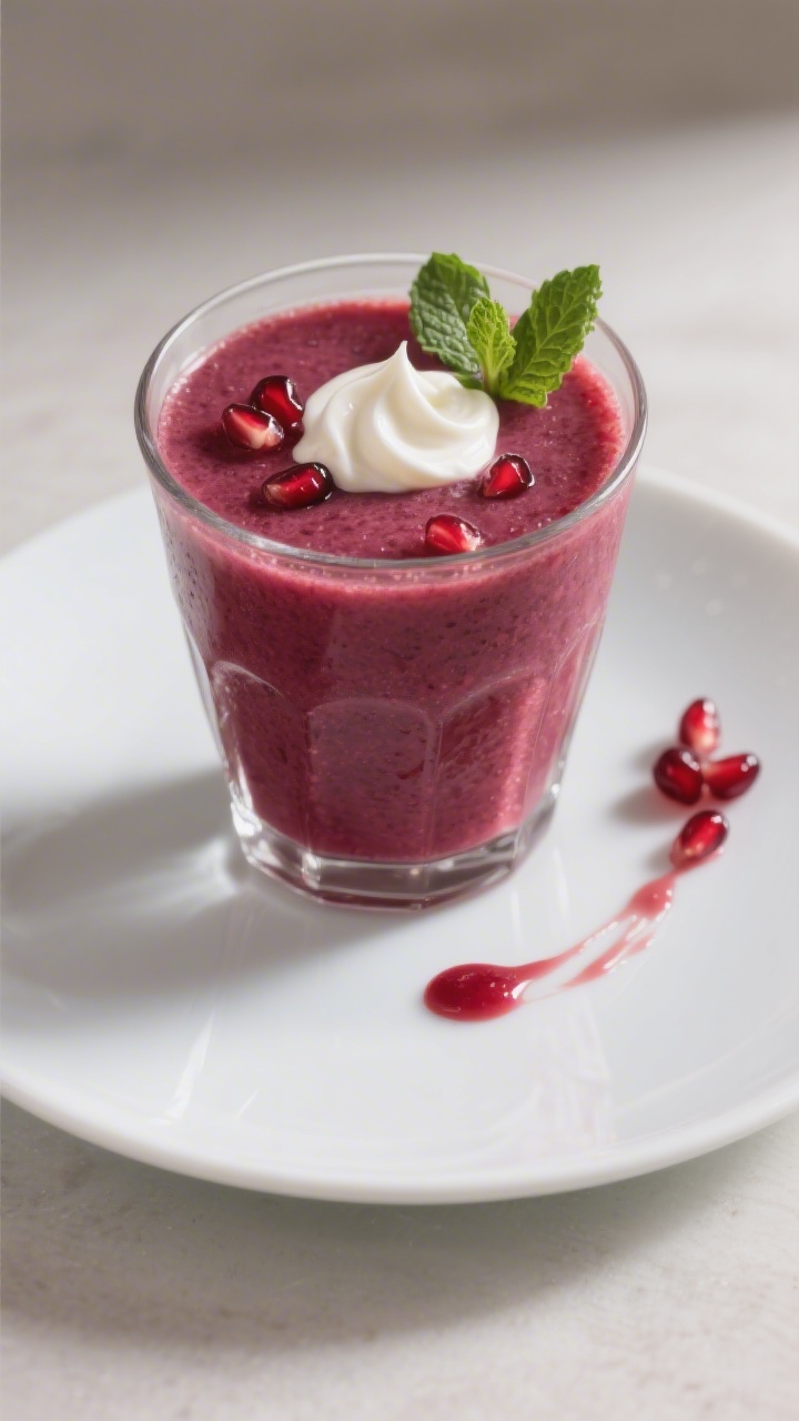 Final presentation: Restaurant-quality plating of a single, frosty Pomegranate Berry Smoothie in a c