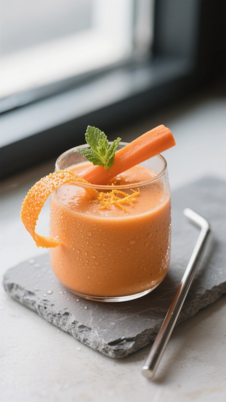 Final presentation: Restaurant-quality plating of the Orange Carrot Smoothie served thick in a steml