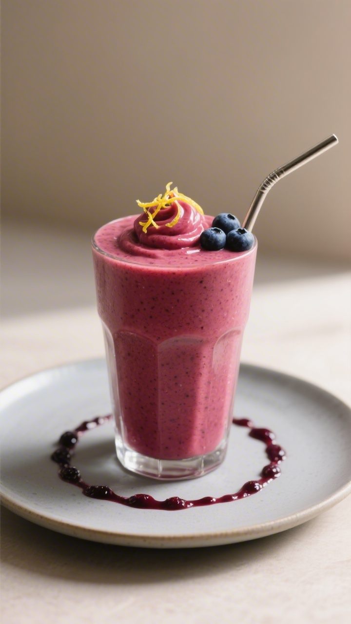 Final presentation: Restaurant-quality presentation of the Lemon Berry Smoothie served in a tall, fr