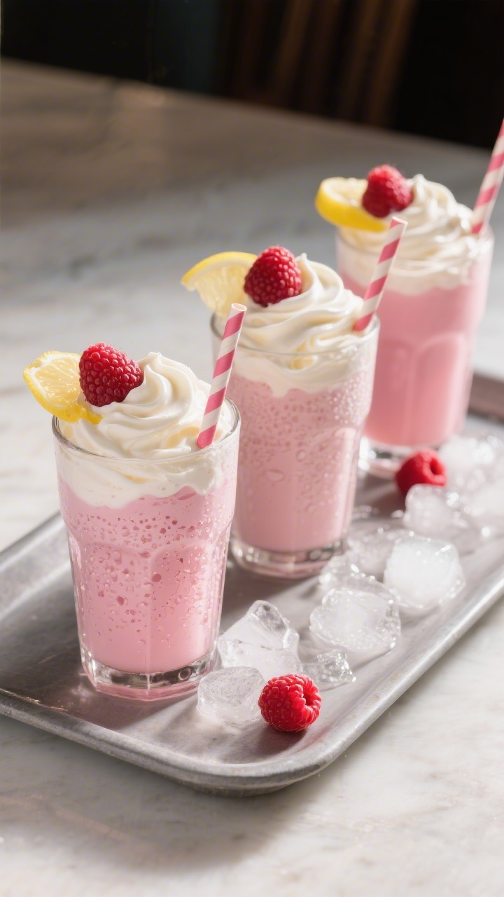 Final presentation: Restaurant-quality styled trio of finished raspberry vanilla cream sodas on a ma