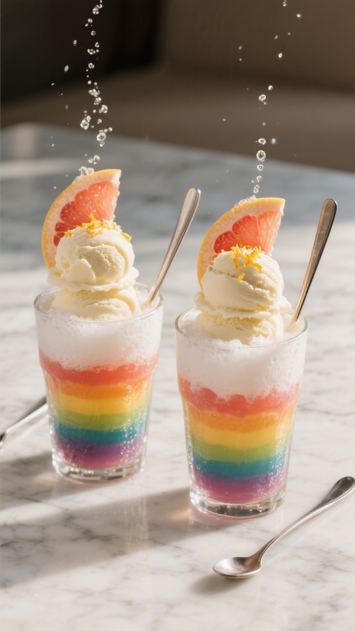 Final presentation: Two Citrus Rainbow Floats lined up on a cool marble surface, restaurant-quality