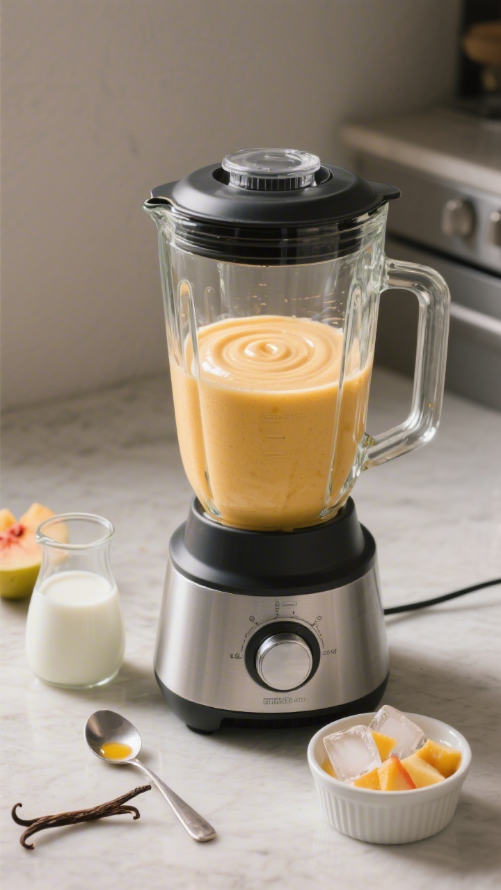 Final presentation with process context: The loaded blender just after blending, lid off, showing pe