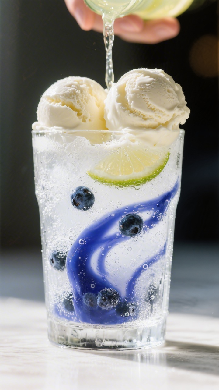 Layering moment detail: Frosted highball glass just out of the freezer with a dramatic blueberry sau