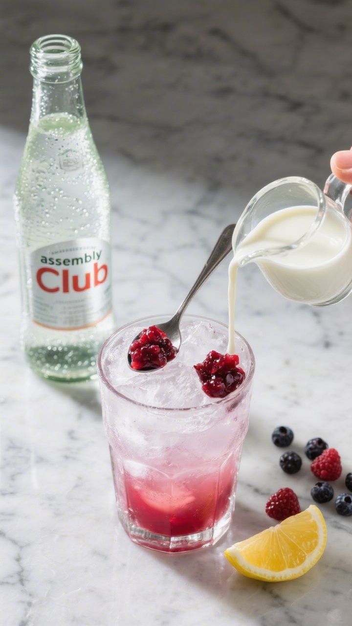 Overhead “assembly” shot showing the prepared components right before serving: a tall ice-filled