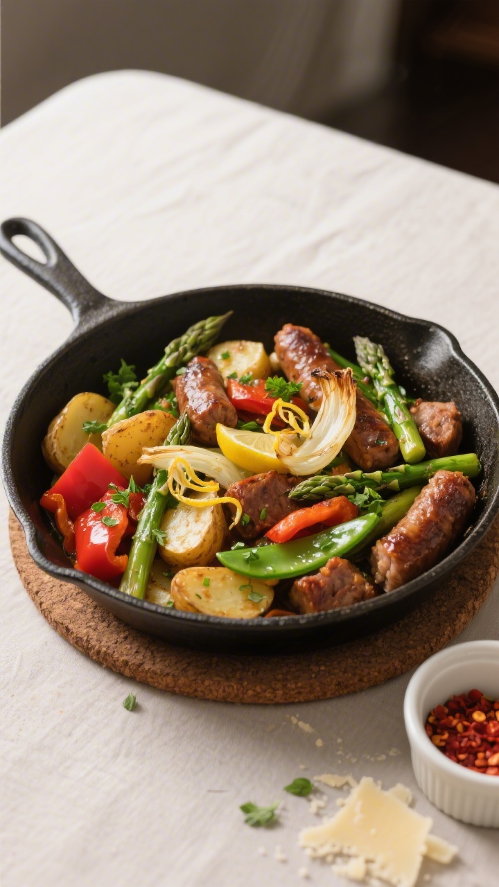 Overhead “bring the skillet to the table” shot: Top-down image of the full skillet set on a triv