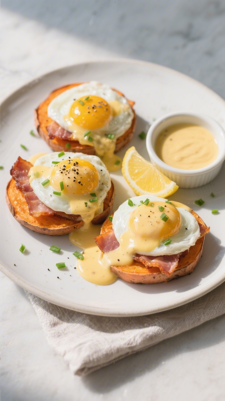 Overhead final dish: Sweet Potato Eggs Benedict fully assembled—2–3 sweet potato rounds topped w