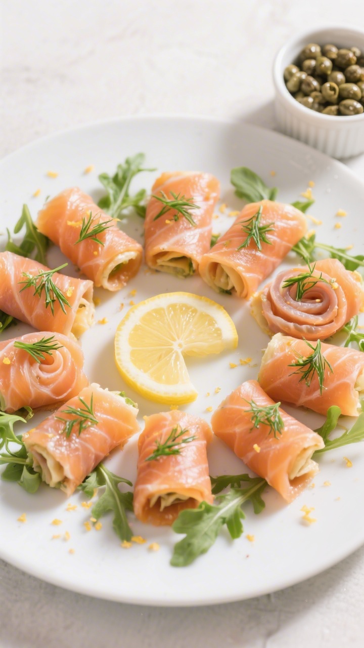 Overhead final presentation of a platter of smoked salmon pinwheels arranged in a neat circular patt