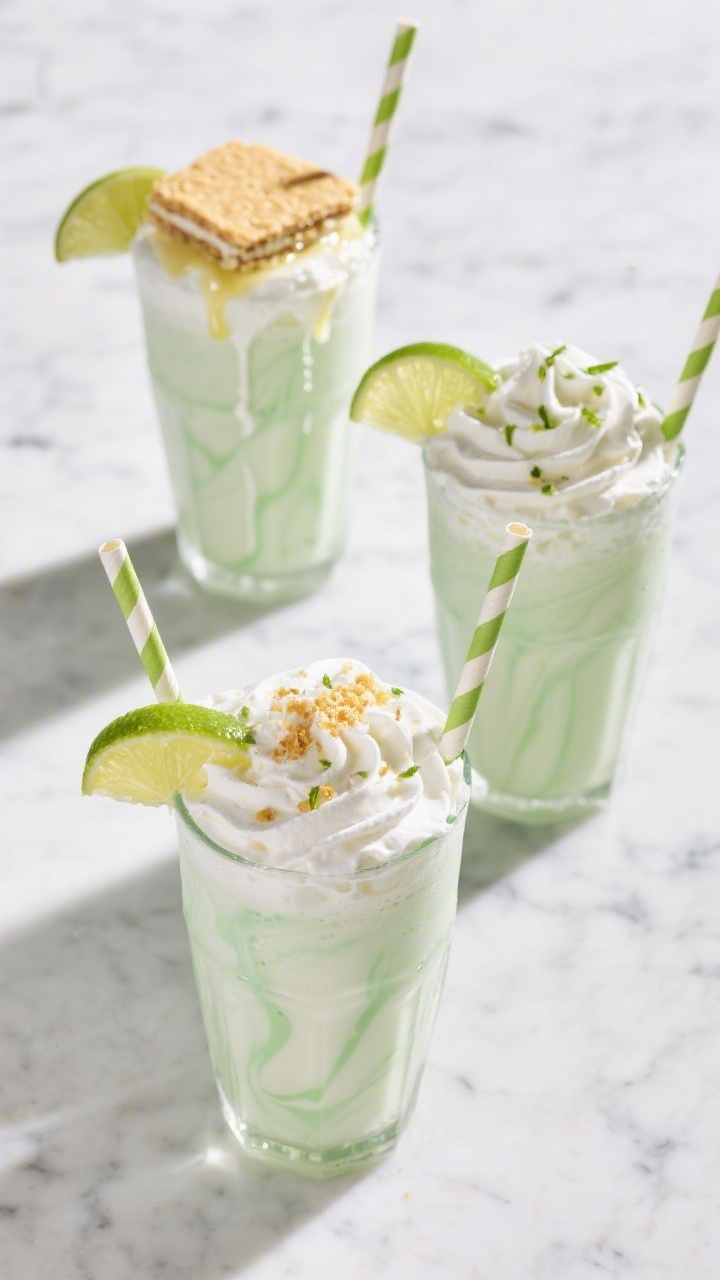 Overhead final presentation: trio of Lime Cream Soda Floats on a light marble surface, capturing pal