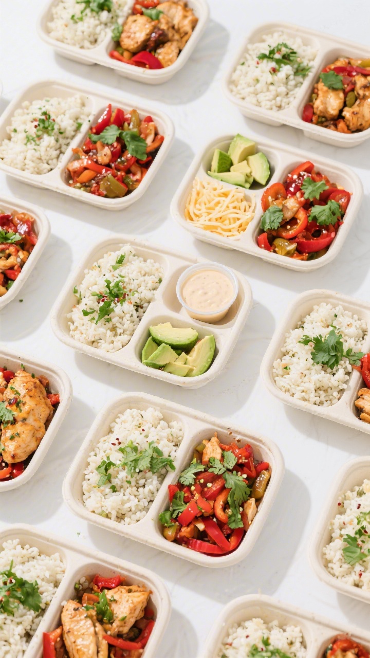 Overhead meal-prep/top view: Tasty top-down shot of multiple meal-prep containers arranged grid-styl