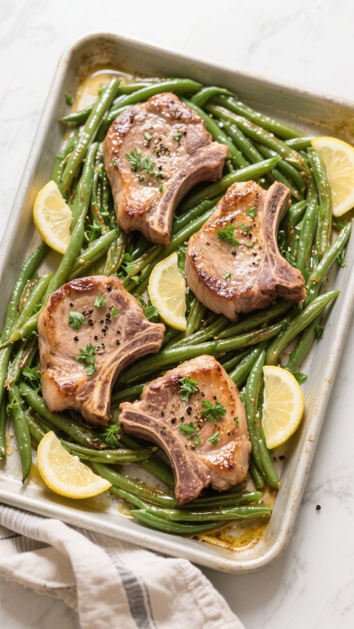 Overhead shot (top-down) of the finished sheet pan dinner: four juicy boneless pork chops spaced amo