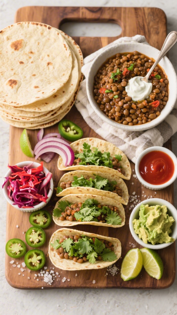Overhead “taco bar” top view: top-down spread of assembled and ready-to-assemble cilantro-lime l
