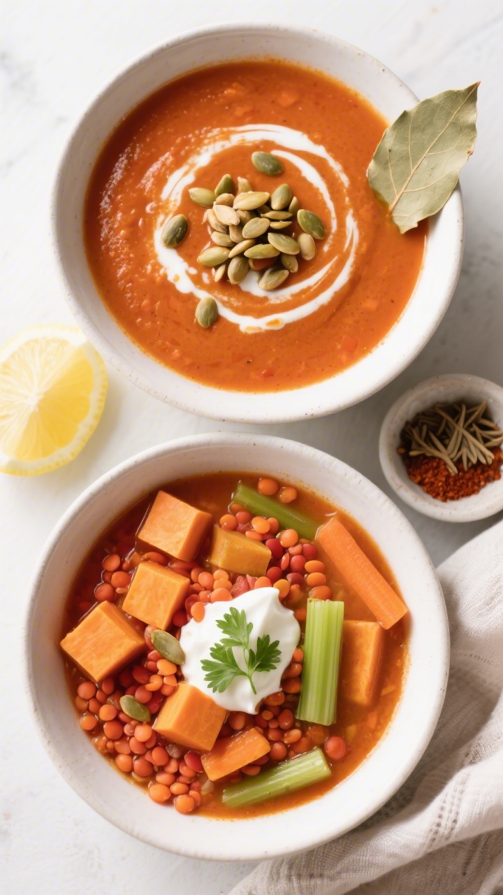 Overhead tasty top view: An artful top-down shot of two bowls of the soup side-by-side—one chunkie