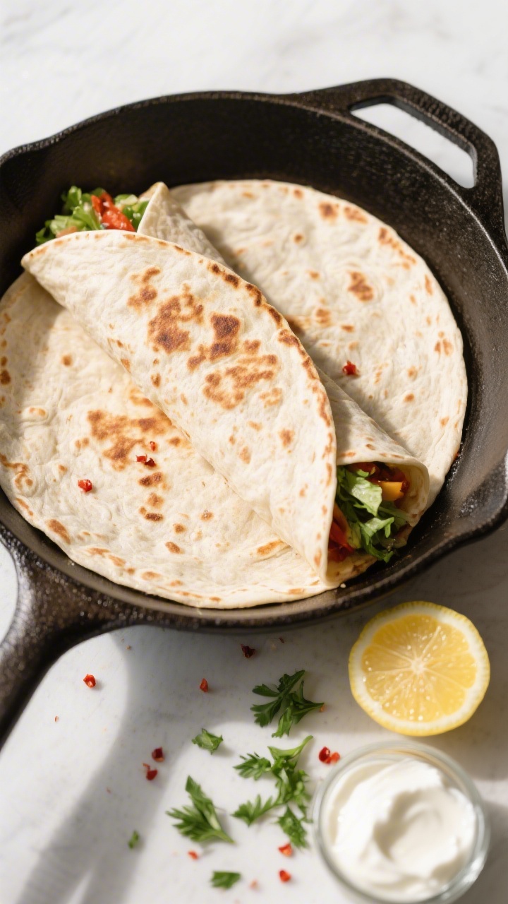 Overhead tasty top view: Assembled wrap seam-side down in a skillet getting its café-style crisp, t