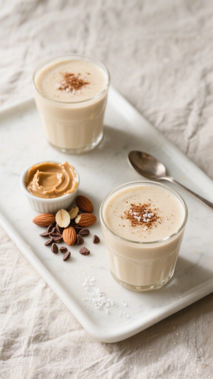 Overhead “tasty top view”: Final Vanilla Almond Smoothie served in two short tumblers on a matte