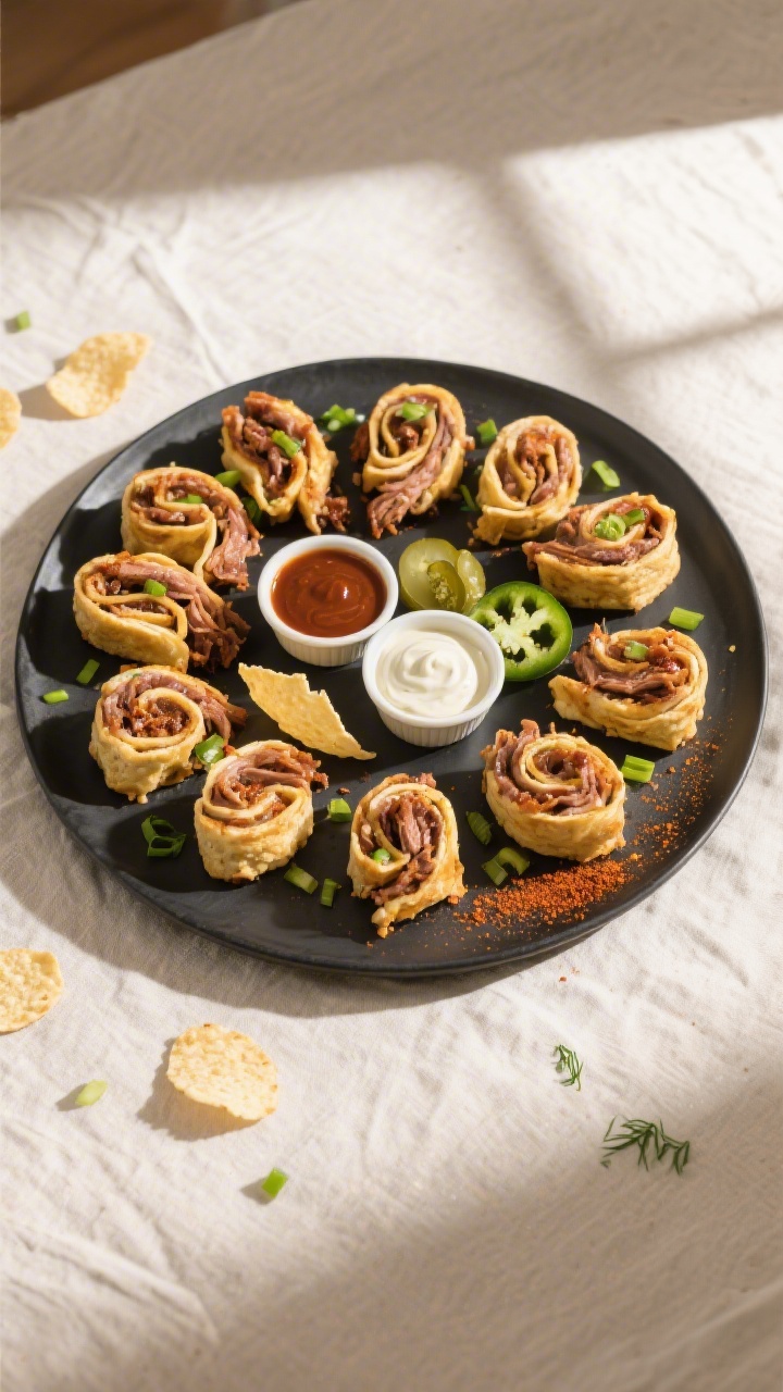 Overhead “tasty top view” of a game-day serving platter: a circular arrangement of BBQ pulled po