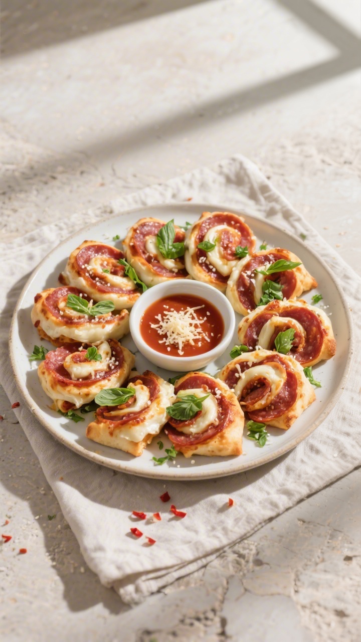 Overhead “tasty top view” of a platter of pepperoni mozzarella pizza pinwheels arranged in a cir