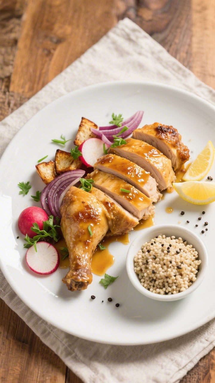 Overhead “tasty top view” of the final plated dish: sliced honey mustard chicken thighs fanned o